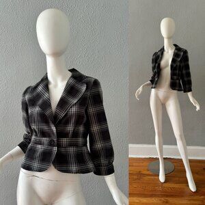 Vintage 90s Black Plaid Y2K Crop Jacket Top S/M